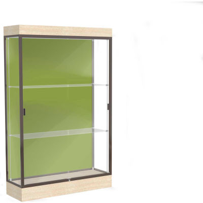 Edge Lighted Floor Case, Pale Green Back, Dark Bronze Frame, 6" Chardonnay Base, 48"W x 76"H x 20"D