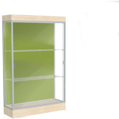 Edge Lighted Floor Case, Pale Green Back, Satin Frame, 6" Chardonnay Base, 48"W x 76"H x 20"D