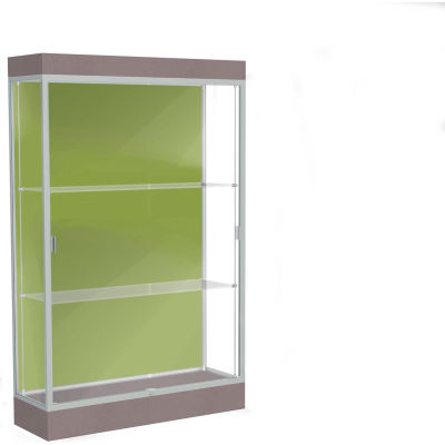 Edge Lighted Floor Case, Pale Green Back, Satin Frame, 6" Morro Zephyr Base, 48"W x 76"H x 20"D
