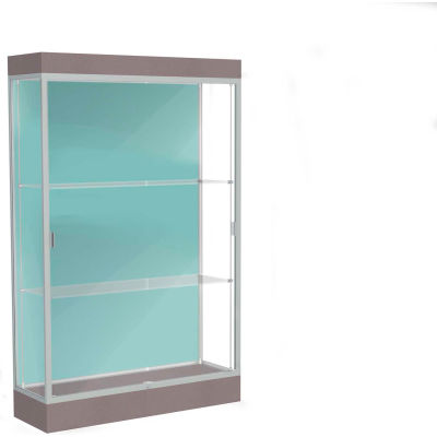 Edge Lighted Floor Case, Pewter Back, Satin Frame, 6" Morro Zephyr Base, 48"W x 76"H x 20"D
