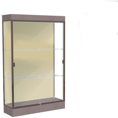 Edge Lighted Floor Case, Silk Back, Dark Bronze Frame, 6" Morro Zephyr Base, 48"W x 76"H x 20"D
