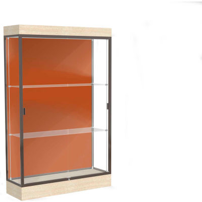 Edge Lighted Floor Case, Terra Cotta Back, Dark Bronze Frame, 6" Chardonnay Base, 48"W x 76"H x 20"D