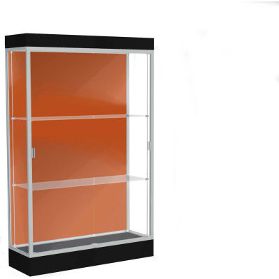 Edge Lighted Floor Case, Terra Cotta Back, Satin Frame, 6" Black Base, 48"W x 76"H x 20"D
