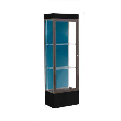 Edge Lighted Floor Case, Blue Steel Back, Dark Bronze Frame, 12" Black Base, 24"W x 76"H x 20"D