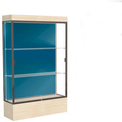 Edge Lighted Floor Case, Blue Steel Back, Dark Bronze Frame, 12" Chardonnay Base, 48"W x 76"H x 20"D