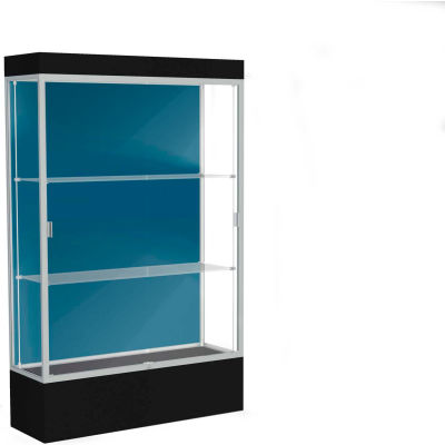 Edge Lighted Floor Case, Blue Steel Back, Satin Frame, 12" Black Base, 48"W x 76"H x 20"D