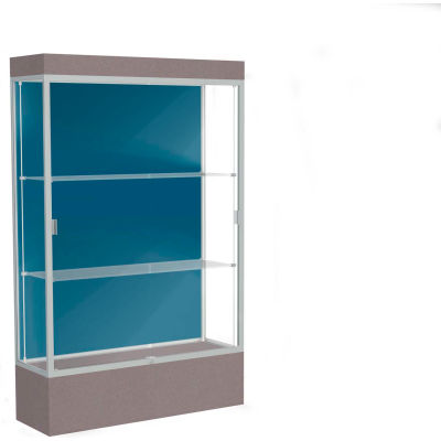 Edge Lighted Floor Case, Blue Steel Back, Satin Frame, 12" Morro Zephyr Base, 48"W x 76"H x 20"D