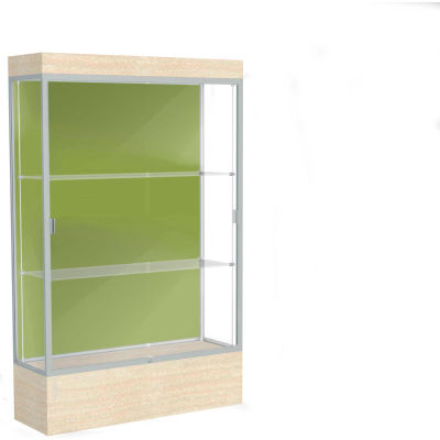 Edge Lighted Floor Case, Pale Green Back, Satin Frame, 12" Chardonnay Base, 48"W x 76"H x 20"D