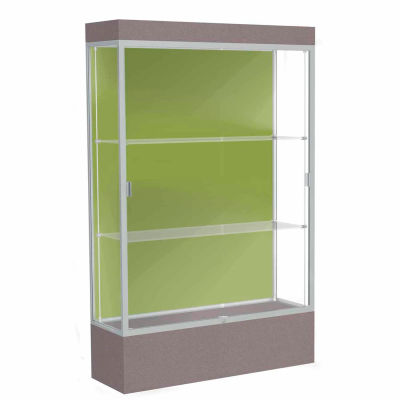 Edge Lighted Floor Case, Pale Green Back, Satin Frame, 12" Morro Zephyr Base, 48"W x 76"H x 20"D
