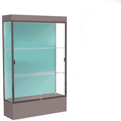 Edge Lighted Floor Case, Pewter Back, Dark Bronze Frame, 12" Morro Zephyr Base, 48"W x 76"H x 20"D