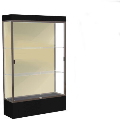 Edge Lighted Floor Case, Silk Back, Dark Bronze Frame, 12" Black Base, 48"W x 76"H x 20"D