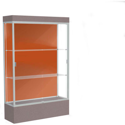 Edge Lighted Floor Case, Terra Cotta Back, Satin Frame, 12" Morro Zephyr Base, 48"W x 76"H x 20"D