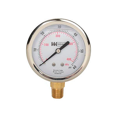2 1/2" dial, liquid filled, 1/4" NPT bottom, 0-60 PSI