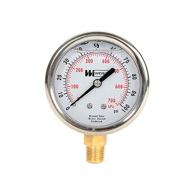 2 1/2" dial, liquid filled, 1/4" NPT bottom, 0-100 PSI