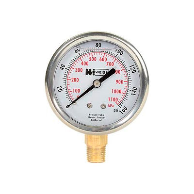 2 1/2" dial, liquid filled, 1/4" NPT bottom, 0-160 PSI
