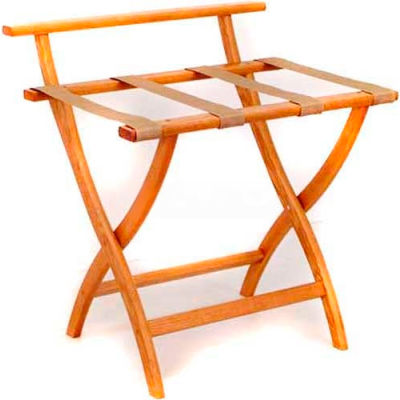 Wooden Mallet WallSaver™ Luggage Rack with Tan Webbing, Medium Oak