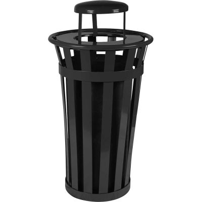 Oakley 24 Gallon Slatted Steel Receptacle w/Raincap, Black - M2401-RC-BK