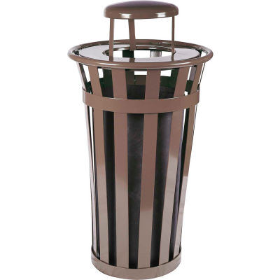 Oakley 24 Gallon Slatted Steel Receptacle w/Raincap, Brown - M2401-RC-BN