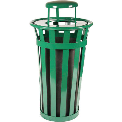 Oakley 24 Gallon Slatted Steel Receptacle w/Raincap, Green - M2401-RC-GN