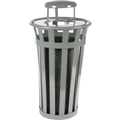 Oakley 24 Gallon Slatted Steel Receptacle w/Raincap, Silver - M2401-RC-SLV