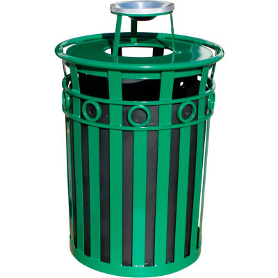 Oakley 36 Gallon Decorative Slatted Steel Receptacle w/Ash Urn Lid, Green - M3600-R-AT-GN