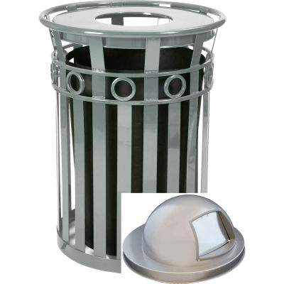 Oakley 36 Gallon Decorative Slatted Steel Receptacle w/Dome Top, Silver - M3600-R-DT-SLV