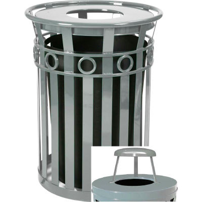 Oakley 36 Gallon Decorative Slatted Steel Receptacle w/Raincap Top, Silver - M3600-R-RC-SLV