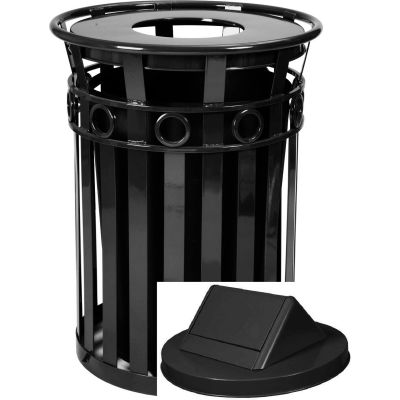 Oakley 36 Gallon Decorative Slatted Steel Receptacle w/Swing Top, Black - M3600-R-SWT-BK