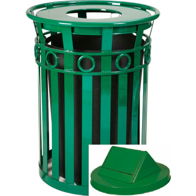 Oakley 36 Gallon Decorative Slatted Steel Receptacle w/Swing Top, Green - M3600-R-SWT-GN