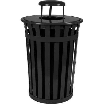Oakley 36 Gallon Slatted Steel Receptacle w/Raincap Top, Black - M3601-RC-BK
