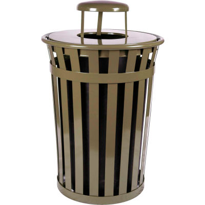 Oakley 36 Gallon Slatted Steel Receptacle w/Raincap Top, Brown - M3601-RC-BN