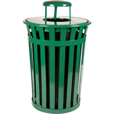 Oakley 36 Gallon Slatted Steel Receptacle w/Raincap Top, Green - M3601-RC-GN