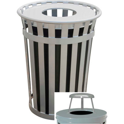 Oakley 36 Gallon Slatted Steel Receptacle w/Raincap Top, Silver - M3601-RC-SLV