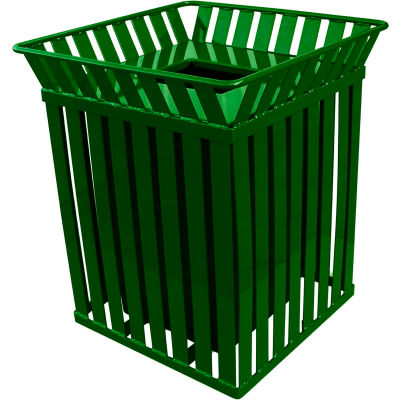 Oakley 36 Gallon Slatted Square Steel Receptacle w/Flat Top, Green - M3601-SQ-FT-GN