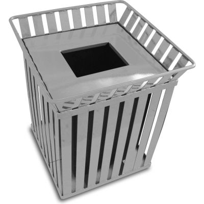 Oakley 36 Gallon Slatted Square Steel Receptacle w/Flat Top, Silver - M3601-SQ-FT-SLV