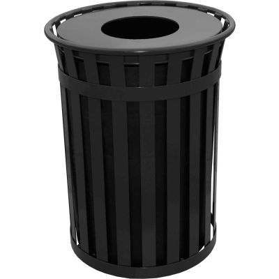 Oakley 50 Gallon Slatted Steel Receptacle w/Flat Top, Black - M5001-FT-BK
