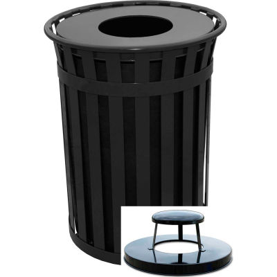 Oakley 50 Gallon Slatted Steel Receptacle w/Raincap Top, Black - M5001-RC-BK