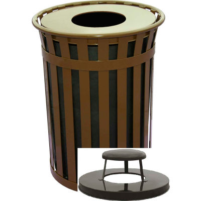 Oakley 50 Gallon Slatted Steel Receptacle w/Raincap Top, Brown - M5001-RC-BN