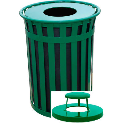 Oakley 50 Gallon Slatted Steel Receptacle w/Raincap Top, Green - M5001-RC-GN