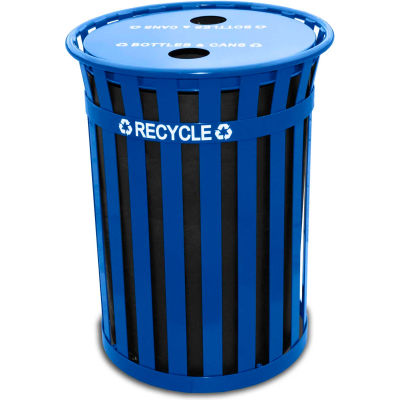Oakley 50 Gallon Slatted Steel Recycling Container w/2 Hole Opening Flat Top, Blue - MR50-FTR-BL