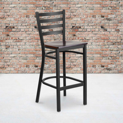 Flash Furniture Black Ladder Back Metal Restaurant Barstool - Walnut Wood Seat - HERCULES Series
