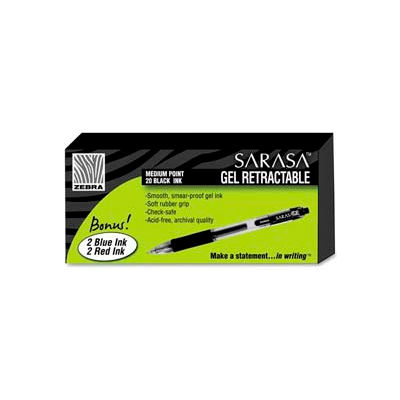 Zebra Sarasa Gel Retractable Pen, Medium 0.7mm, Black Ink, 20/Pack + 4 Bonus Pens