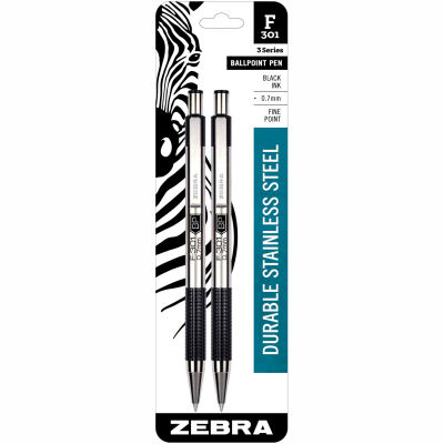 Zebra Retractable Ballpoint Pen F-301 - Black Ink - Stainless Steel Barrel - 2 Pack