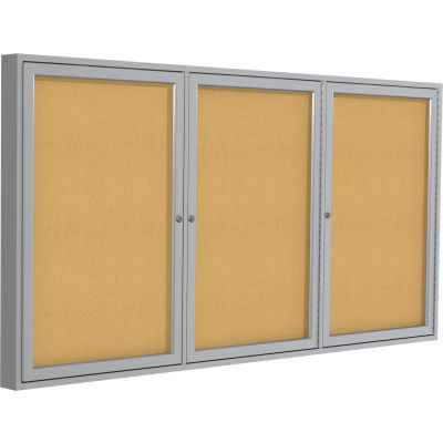 Ghent Enclosed Bulletin Board - 3 Door - Natural Cork w/Silver Frame - 36" x 72"