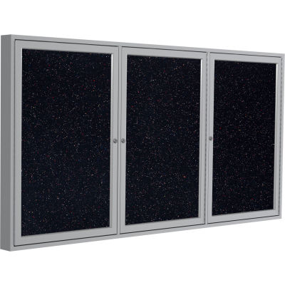 Ghent Enclosed Bulletin Board - 3 Door - Confetti Recycled Rubber w/Silver Frame - 36" x 72"
