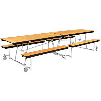 NPS® 12' Mobile Cafeteria Table with Benches - MDF - Oak Top/Chrome Frame