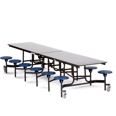 NPS® 12' Mobile Cafeteria Table with Stools - Gray Top/Blue Stools/Black Frame