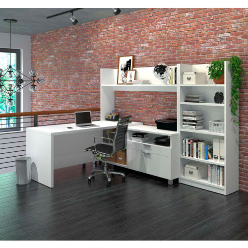 Bestar® L-Desk with Bookcase - White - Pro-Linea Series