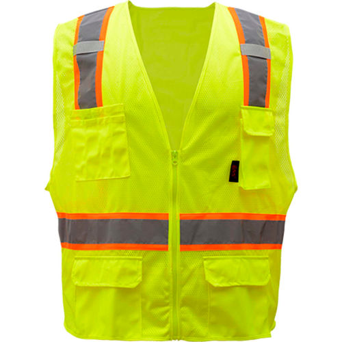 GSS Safety 1501 Multi-Purpose Class 2 Two Tone Mesh Zipper 6 Pockets Vest, Lime, Large