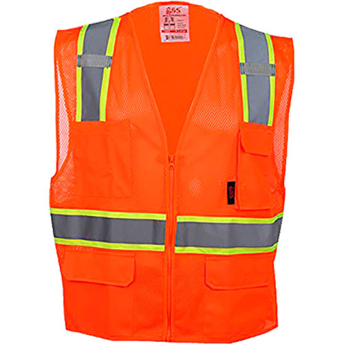 GSS Safety 1502 Multi-Purpose Class 2 Two Tone Mesh Zipper 6 Pockets Vest, Orange, XL